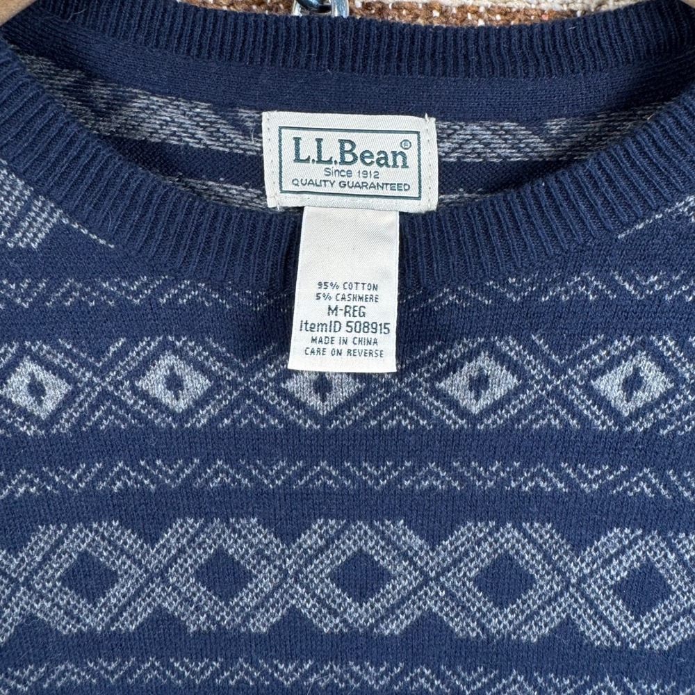 LL Bean Mens Navy Blue Cotton Cashmere Fair Isle Crewneck Sweater M 508915 - Picture 2 of 5